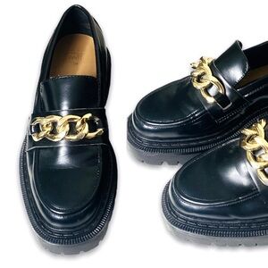 H&M Chunky Black Loafers Gold Chainlink Detail Women's Size 36